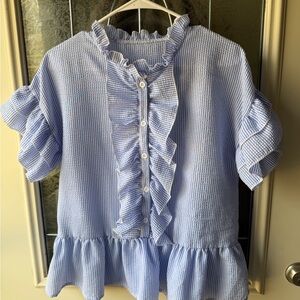 Source Unknown Blue Striped Ruffle Tunic